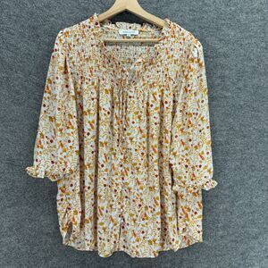 Rose + Olive Blouse Women 1X Plus White Floral V-Neck 3/4 Sleeve Tasseled Casual